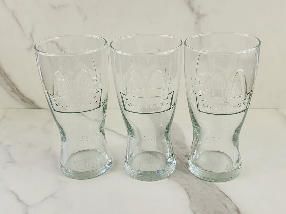 McDonald's Clear Tall Glass 1992 Drinking Glasses 6 1/4" Retro Tumbler x3 Vtg